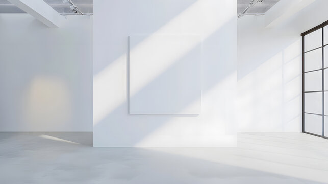 Large blank white painting on the wall in a minimalist room : Generative AI