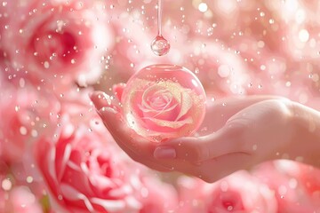 Wall Mural - pink rose with water drops