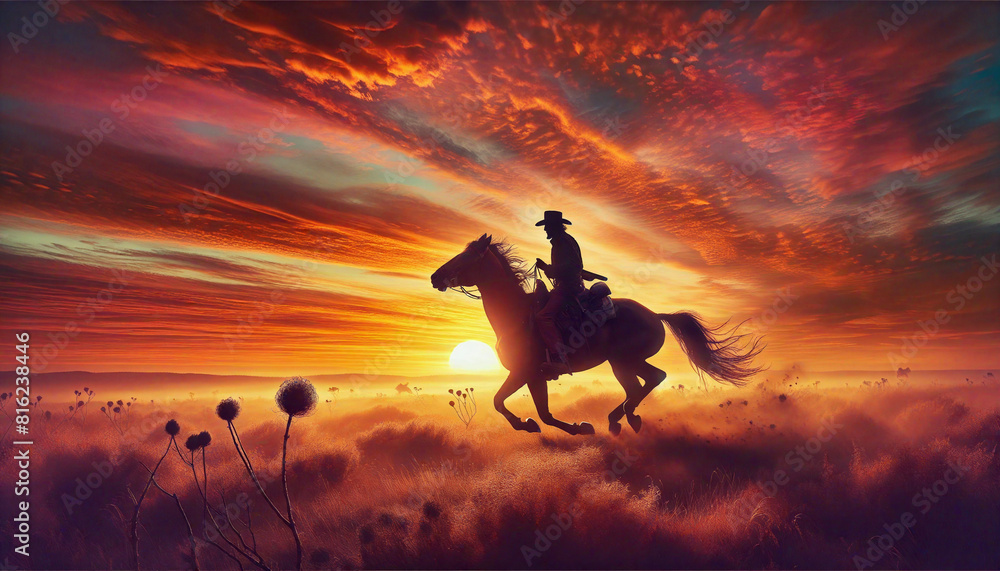 Rider on Galloping Horse in Vibrant Desert Sunset Landscape. Western ...