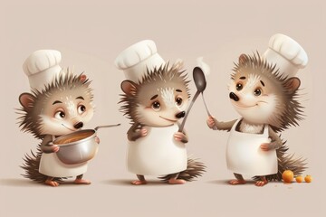 Wall Mural - hobby leisure, three hedgehogs, cooks, cute, funny, white cap, cook, kitchen, spoons
