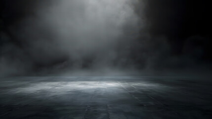 Poster - Abstract image of dark room concrete floor Black room or stage background for product placementPanoramic view of the abstract fog White cloudiness mist or smog moves on black backgroun : Generative AI