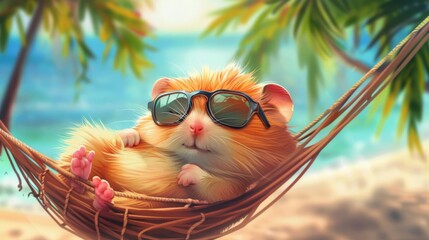 Wall Mural - Cute hamster rest in hammock with sunglasses. 3D vector illustration.