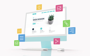 Poster - Modern computer display with a web design page on the screen, surrounded by colorful flying web design icons