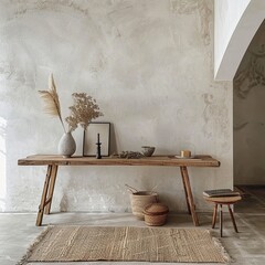 Small workplace of an artist with crayons, sketchbook, watercolour box and brushes on a table and an easel against a rough white painted wall, copy space, selected focus, narrow depth of field