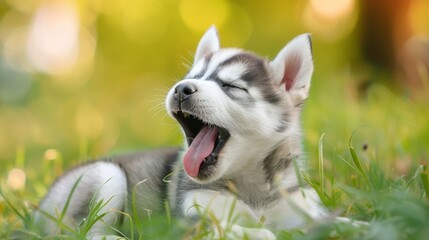 Portrait of a baby Husky dog yawning in outdoor park lawn