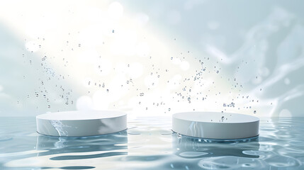 Poster - Two empty clear white circle podiums on transparent calm water texture with splashes and waves in sunlight Abstract nature background for product presentation Flat lay cosmetic mockup  : Generative AI