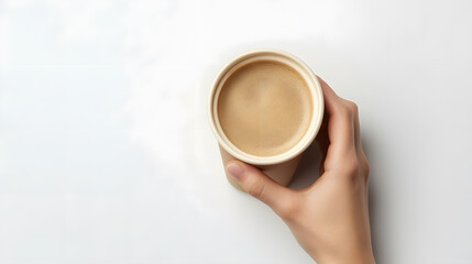 Poster - Female hand holding empty coffee cup isolated on white background with clipping path top view flat lay : Generative AI