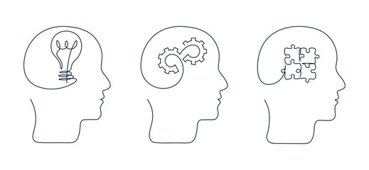 drawing human head with gears inside in one line. silhouette man head with light bulb symbol. concep