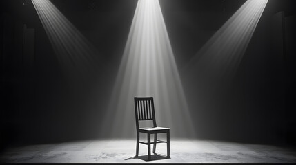 Aufkleber - A wooden chair standing in the middle of an empty stage under the light of soffits in black and white : Generative AI