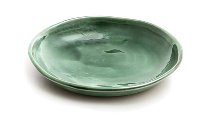 Poster - Empty trendy handmade ceramic dish tablewares Round empty plate green texture vintage classic pattern isolate on white background top view cut out : Generative AI