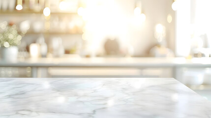 Wall Mural - Empty white table top counter desk background over blur perspective bokeh light background White marble stone table shelf and blurred kitchen restaurant for food product display mockup : Generative AI