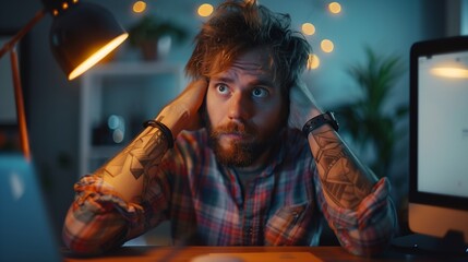 Wall Mural - Young man sitting on a couch holding his head
