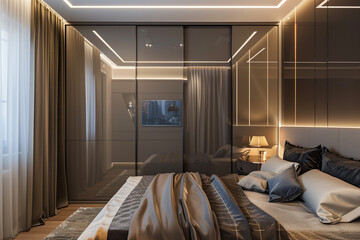 Wall Mural - Grey wardrobe with glossy sliding doors in minimalist style interior design of modern bedroom.