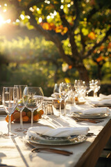 Wall Mural - Stunning table arrangement for a wedding of festive event against a breathtaking backdrop of vineyards on summer sunset.