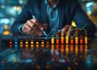 © DWN Media - Businessman using a laptop and holding a pen to draw a graph of sales data on a virtual screen, a financial diagram or chart with colorful bar graphs showing growth in money