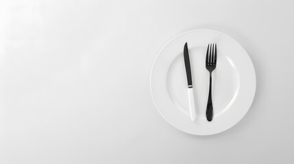 Poster - White empty ceramic plate with fork and knife isolated on white background : Generative AI