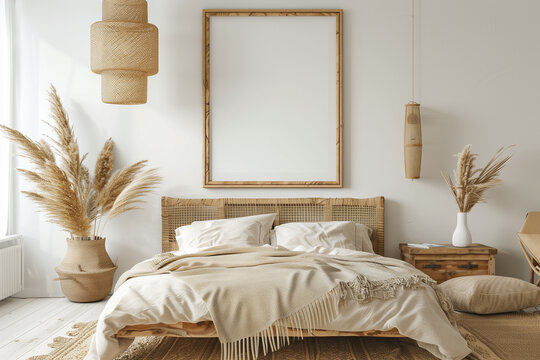 Horizontal frame mockup in boho bedroom interior with wooden bed beige fringed blanket cushion with tassels dried pampas grass basket and wicker lamp on white wall. 3d rendering 3d illustration