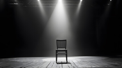 Aufkleber - A wooden chair standing in the middle of an empty stage under the light of soffits in black and white : Generative AI