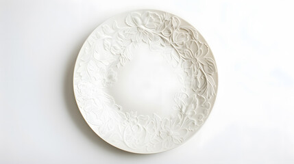 Poster - Vintage white porcelain plate platter with flowers pattern isolated on white background Top view : Generative AI