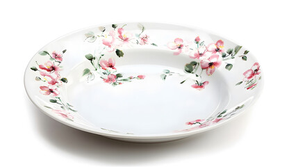 Poster - Vintage white porcelain plate platter with flowers pattern isolated on white background Top view : Generative AI