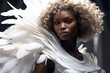 © BOTAHRY DEX - Fashion Surreal Concept. Closeup portrait of black woman in avant garde ethereal futuristic swirl edgy headgear outfit. illuminated dynamic composition. sensual, advertisement, magazine. copy space