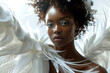 © BOTAHRY DEX - Fashion Surreal Concept. Closeup portrait of black woman in avant garde ethereal futuristic swirl edgy headgear outfit. illuminated dynamic composition. sensual, advertisement, magazine. copy space