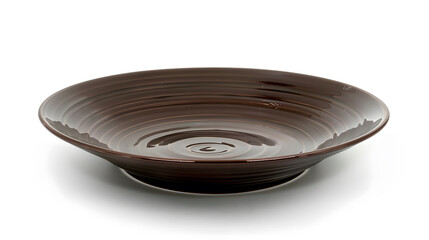 Aufkleber - Empty plate top isolated on white background Round brown rustic dish ceramic plates with wave pattern top view : Generative AI
