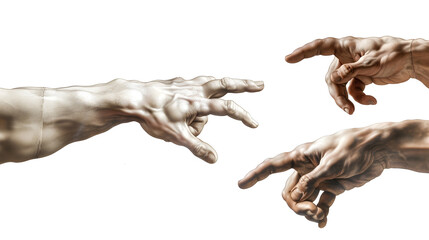 Wall Mural - Hands reaching out to help or give Two male hands trying to touch like in the creation of Adam isolated on white background : Generative AI
