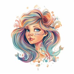 Wall Mural - Vector illustration head portrait of a beautiful mermaid. Cartoon character.