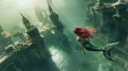 Wall Mural - Beautiful mermaid swimming underwater in deep sea with ancient city ruin lost civilization.