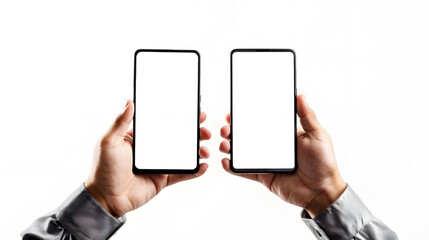 Poster - Two hands holding smartphone blank screen mockup frame isolated on white background : Generative AI
