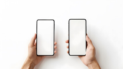 Poster - Two hands holding smartphone blank screen mockup frame isolated on white background : Generative AI
