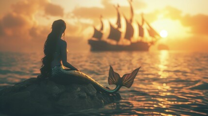Wall Mural - Beautiful mysterious mermaid sitting on a rock in sea at sunrise with a vintage sailing ship.