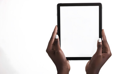 Aufkleber - Close up of african american woman hands showing digital tablet against white background with empty screen Black girl hands holding digital tablet with blank screen isolated : Generative AI