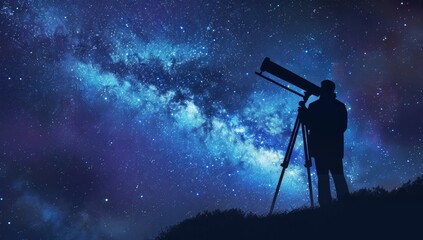A silhouette of an scientist with telescope standing on top hill, starry sky and Milky Way in background Generative AI
