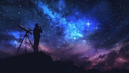 Wall Mural - Silhouette of man with telescope standing on hill against starry sky at night, panoramic banner Generative AI