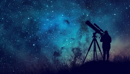 Wall Mural - Silhouette of man with telescope standing on hill against starry sky at night, panoramic banner for planet or galaxy observatory advertising Generative AI
