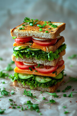 Wall Mural - A stack of sandwiches with lettuce, tomatoes, and cheese