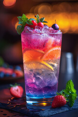 Wall Mural - A colorful drink with a strawberry garnish sits on a table