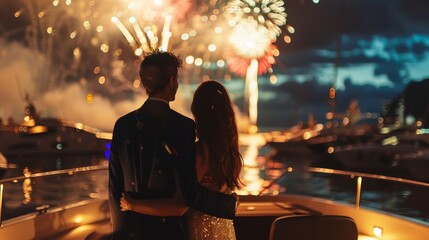 Wall Mural - A lovely couple on deck of yacht watching firework in sky at night in sea.