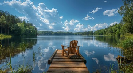 Wall Mural - Photo of a wooden dock with an Adirondack chair overlooking the calm waters and blue sky in Sweden, surrounded by lush greenery on both sides of the lake.