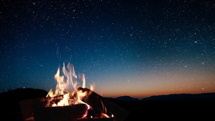 Wall Mural - a bonfire burns at night against the background of mountains and sea with bright stars..