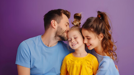 Side view young smiling fun happy parents mom dad with child kid girl 6 years old wear blue yellow casual clothes hold daughter looking camera isolated on plain purple background Famil : Generative AI