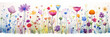 Artistic panorama of diverse flowers in watercolor, perfect for backgrounds and spring themes