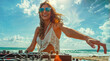 © Shootdiem - Beautiful DJ girl in white top and sunglasses playing music at a beach party. Summer and entertainment concept.