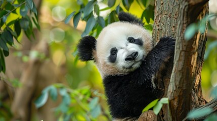 Wall Mural - a panda bear on tree in wild forest.