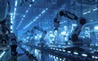 Photo of an industrial factory with robotic arms working on an assembly line, illuminated by blue and white lights.