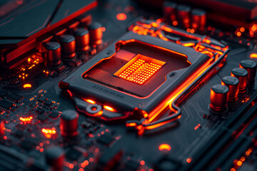 Wall Mural - Glowing CPU on a motherboard closeup