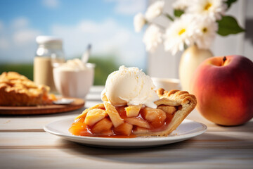 Wall Mural - Fresh slice of peach pie topped with a scoop of melting vanilla ice cream, served on a white plate