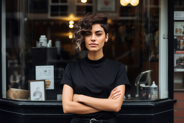 Stylish young woman business owner with trendy haircut stands in front of her salon